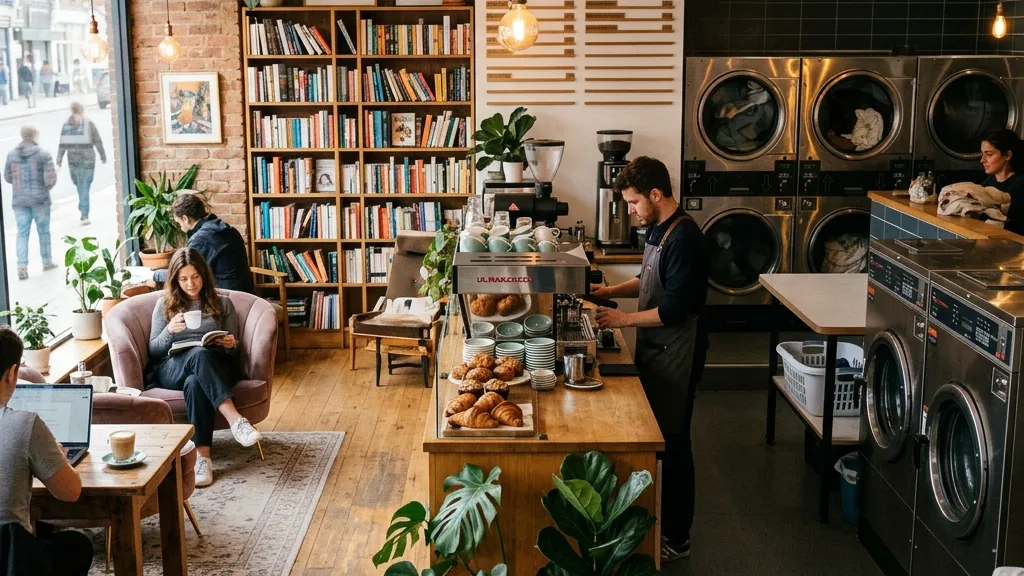 洗濯機と本棚、コーヒーマシンが同居する温かみのあるカフェ空間