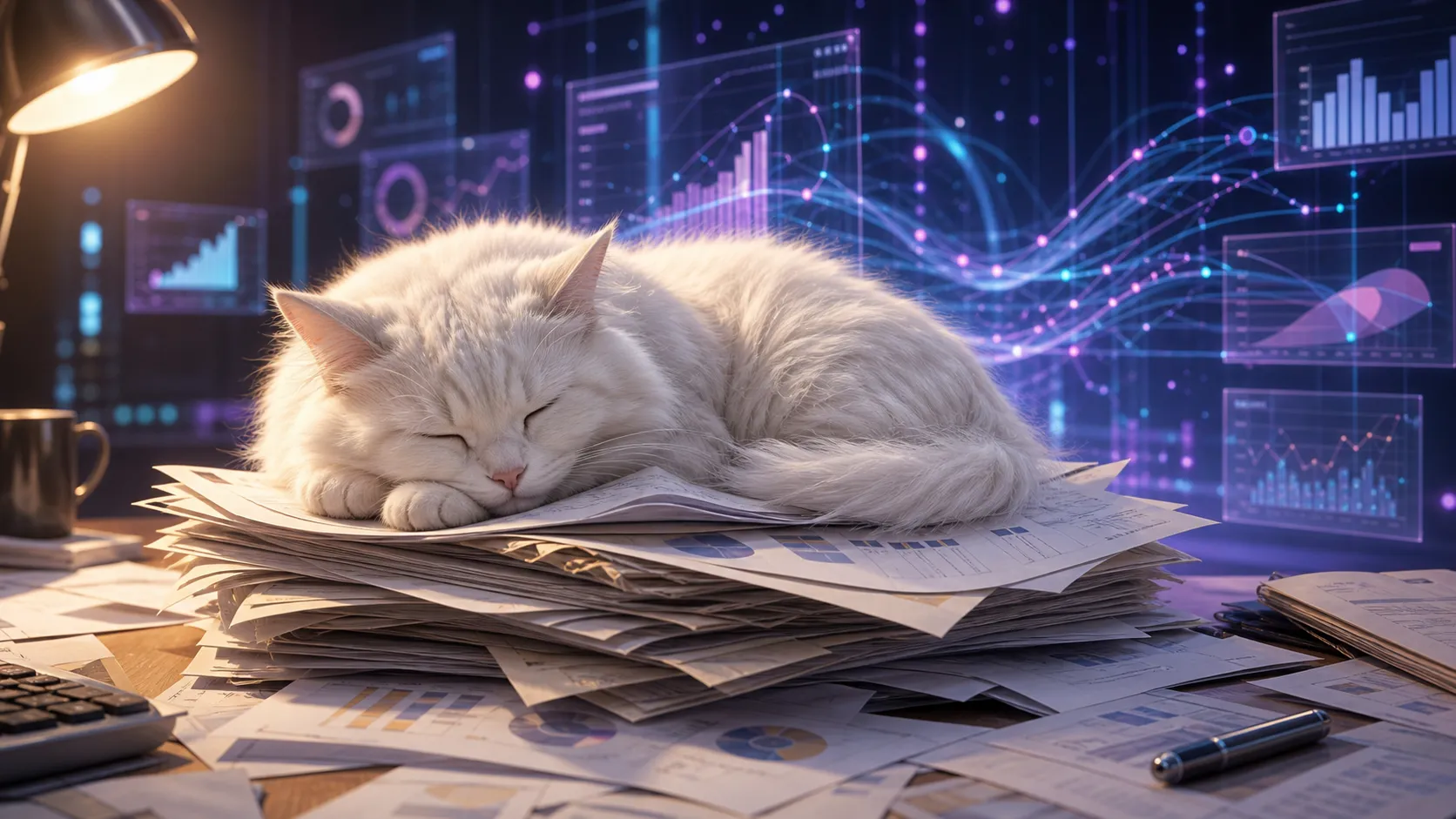 旧時代の評価書類の上で眠る猫