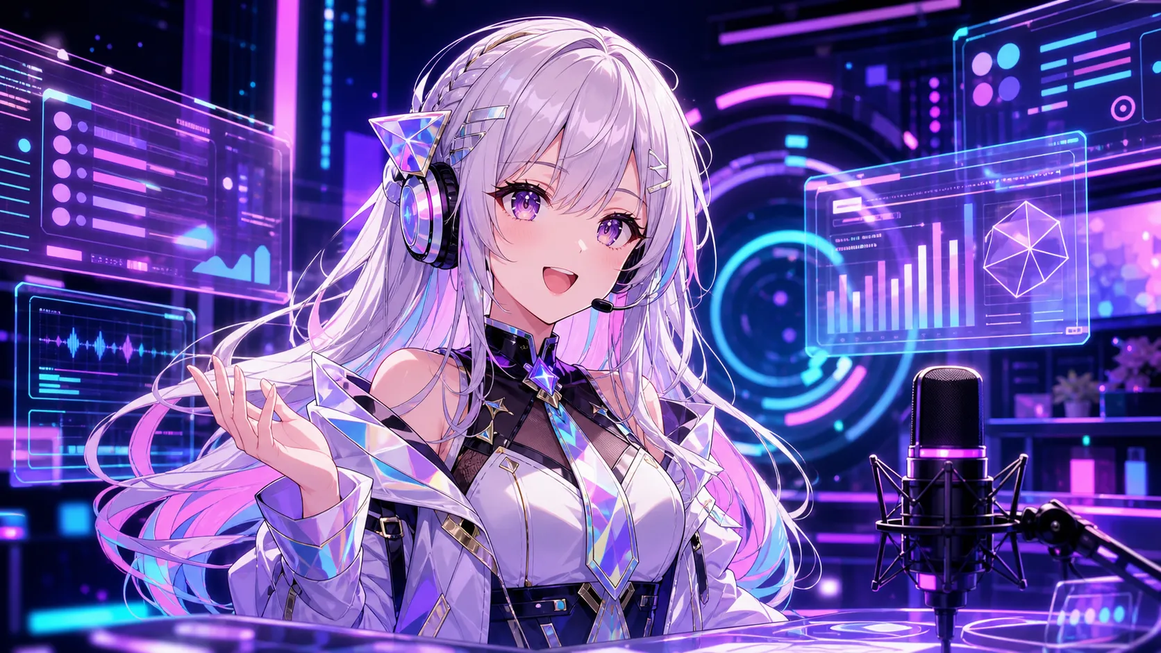 ホログラムに囲まれたサイバーパンク風のデジタルアイドル