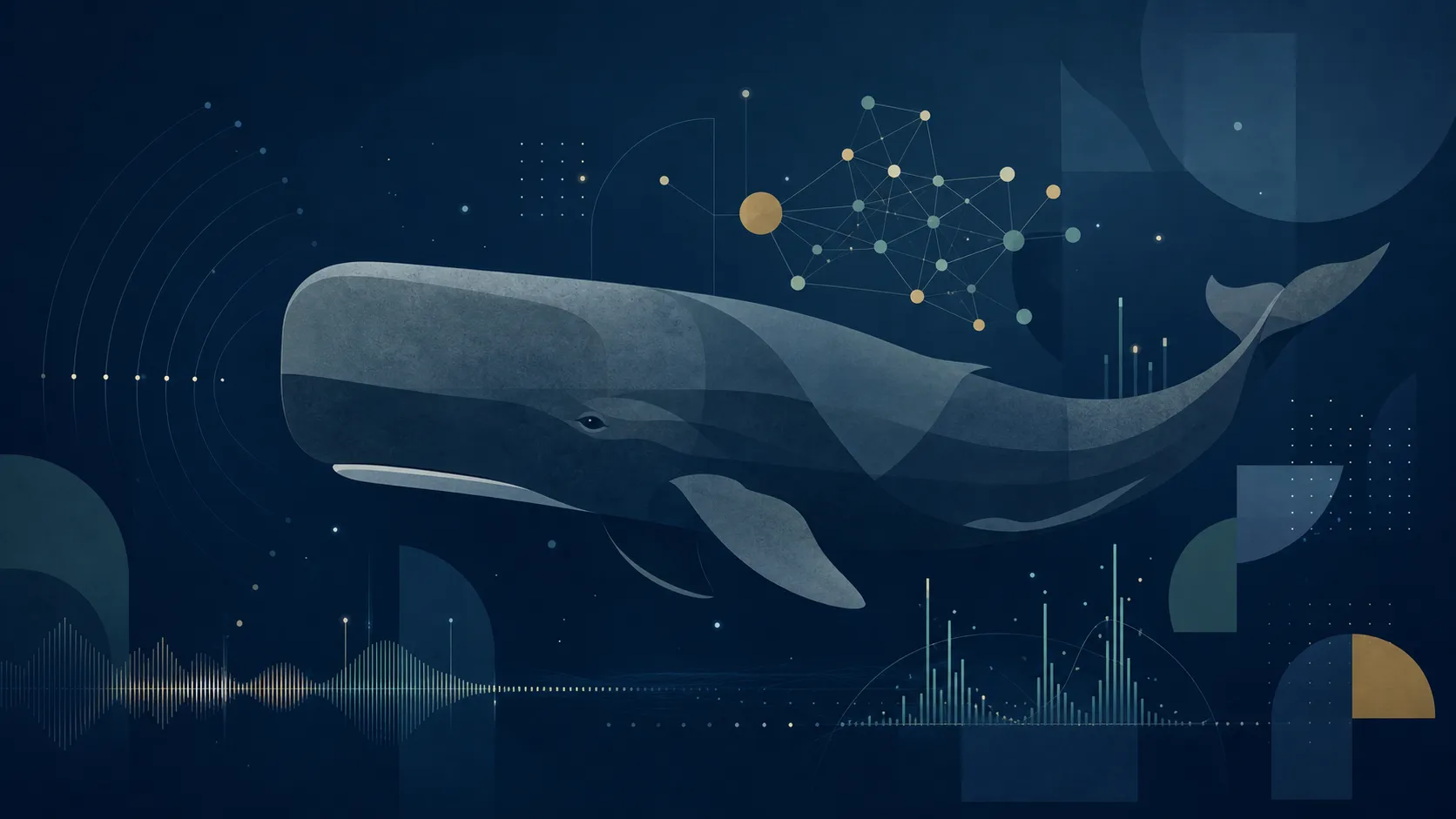 深海を泳ぐマッコウクジラと、その周囲に広がるデータポイントや音響スペクトルのホログラム