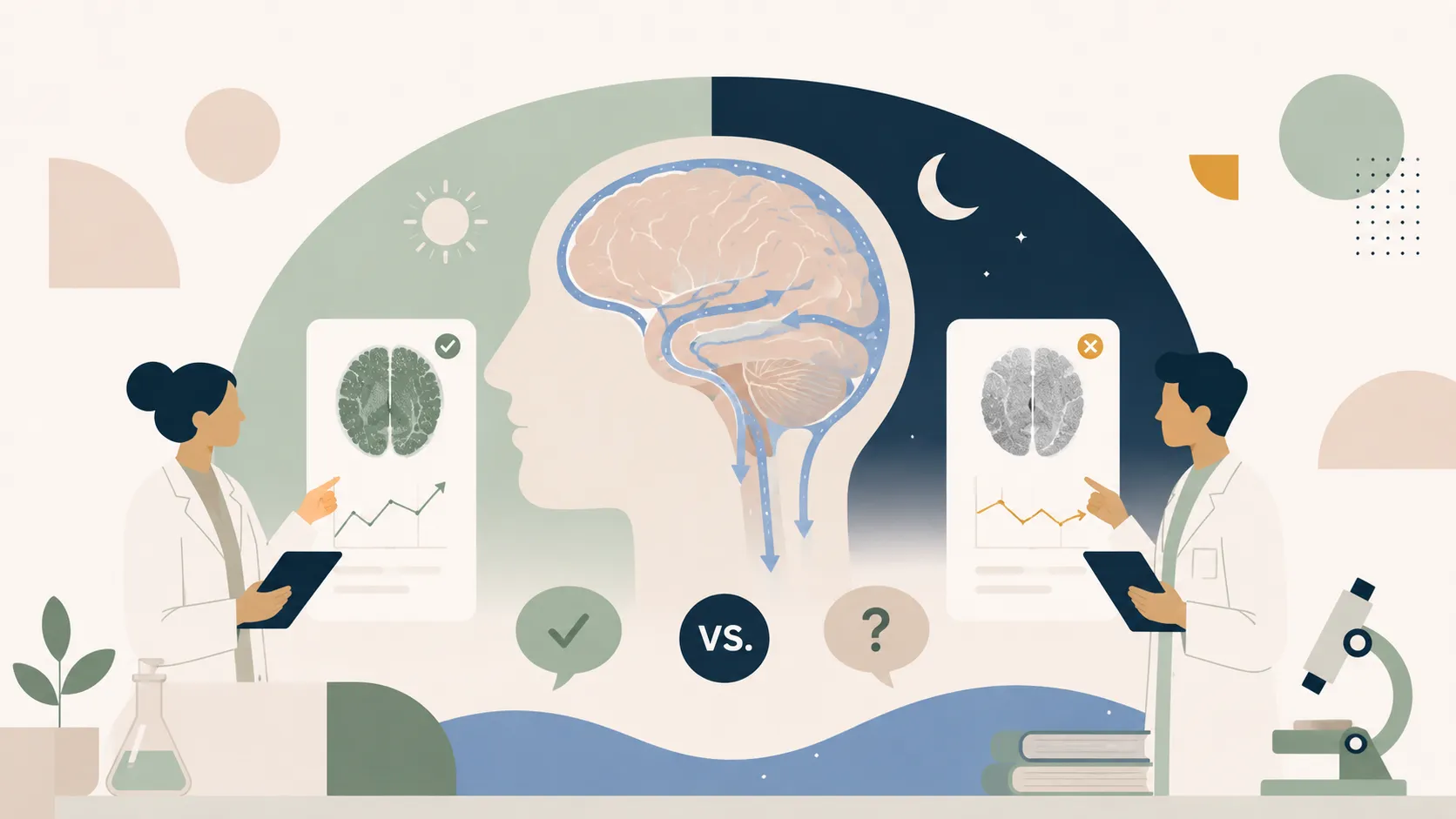 睡眠時の脳の洗浄仮説を疑う、暗く抽象的な概念図