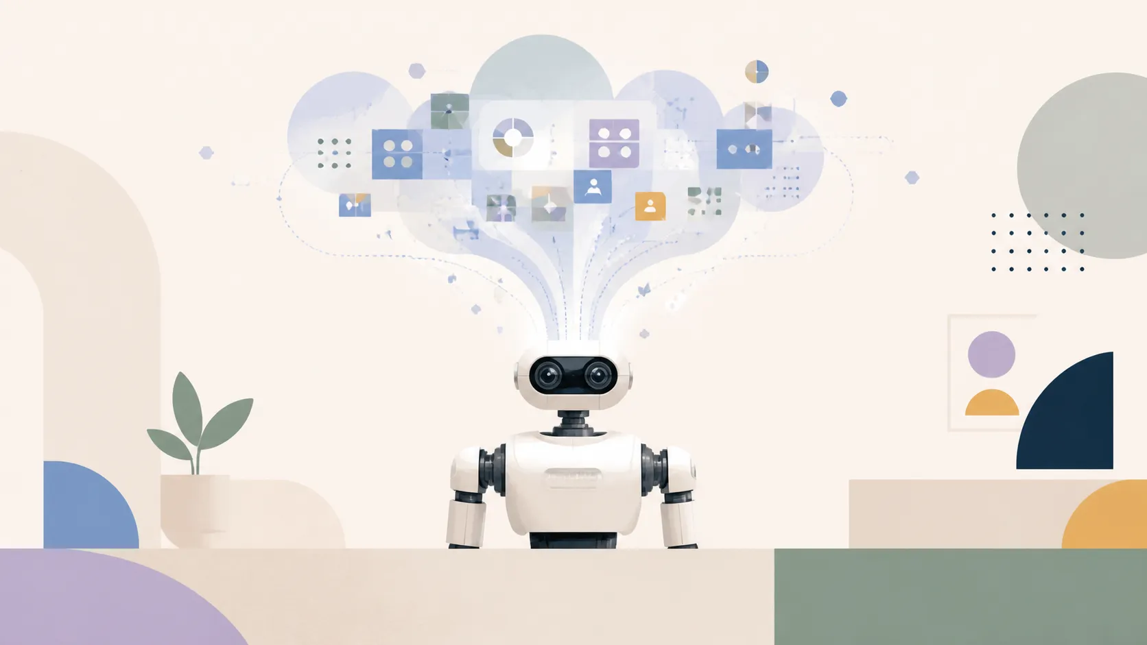 ホログラムのデータストリームを頭部で受信している、スマートな人型ロボットのイメージアート