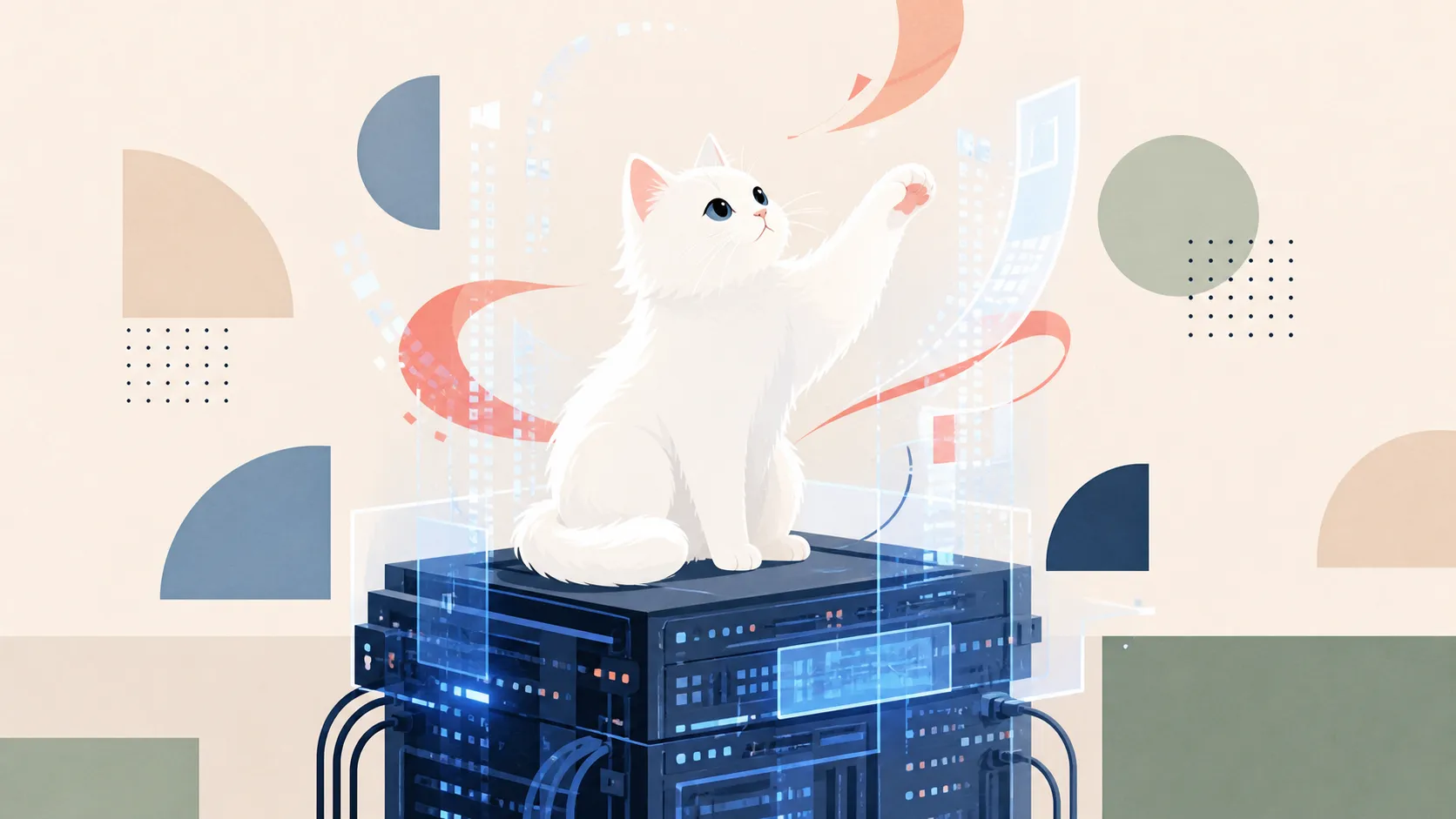 A fluffy white cat sitting elegantly on top of a glowing futuristic server rack, playfully batting at holographic data.