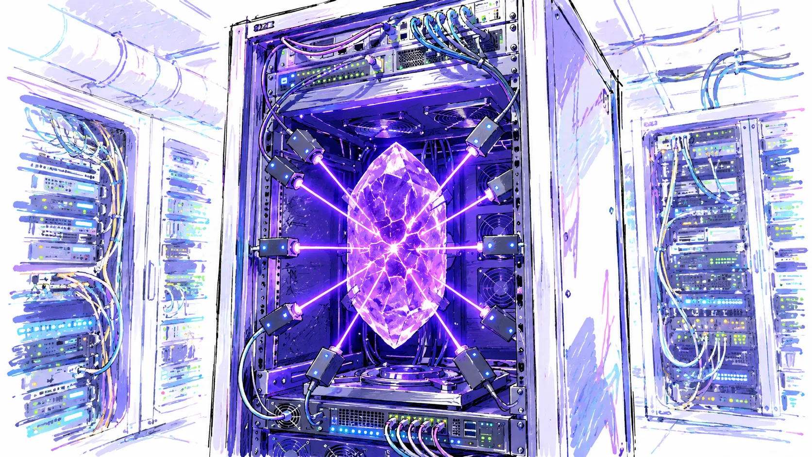 ヒビ割れたアメジストのコアを修復しようとするサーバーラック内のレーザー