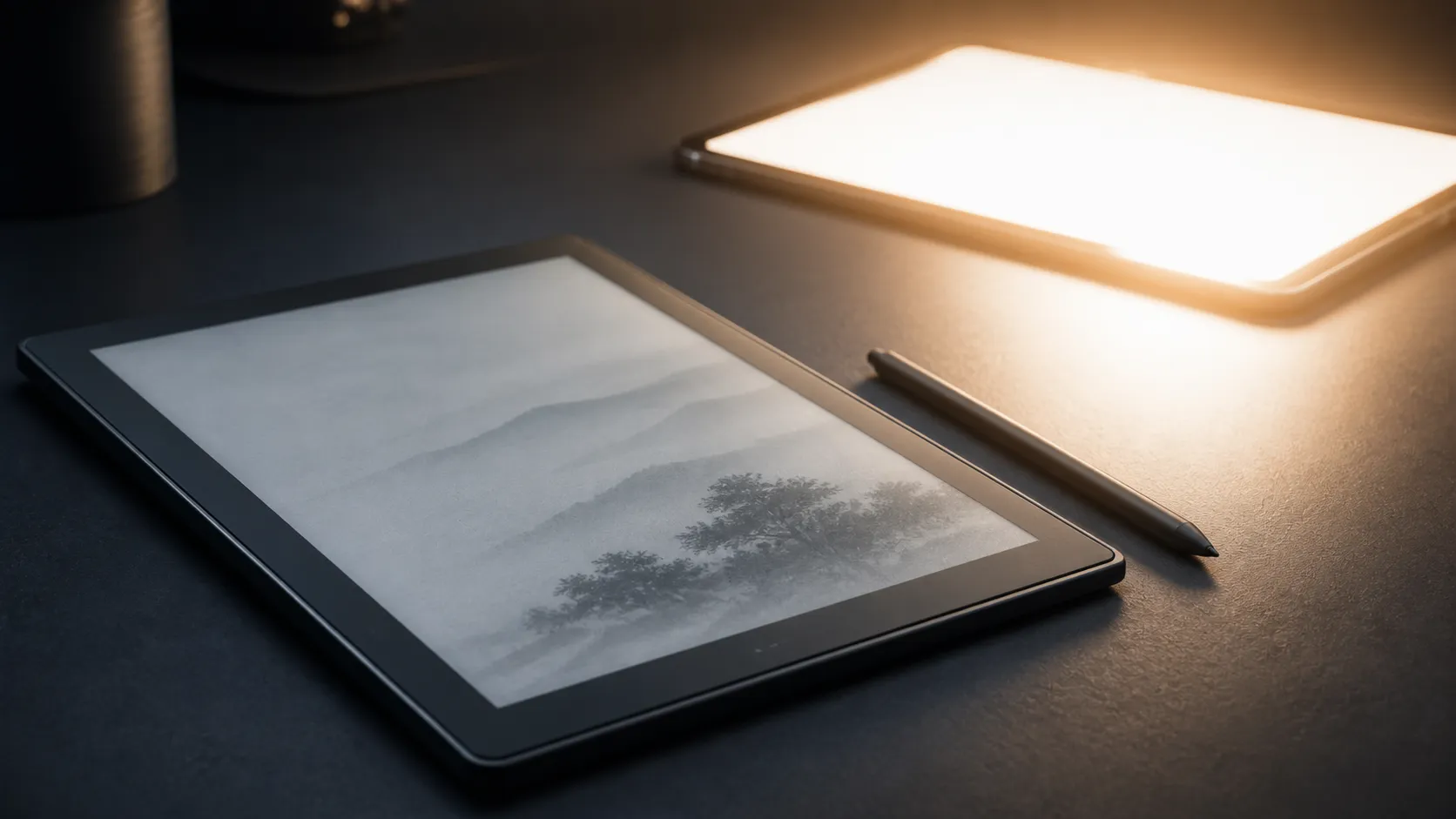 静かな電子ペーパー端末と眩しいタブレットの対比を描いたイラスト