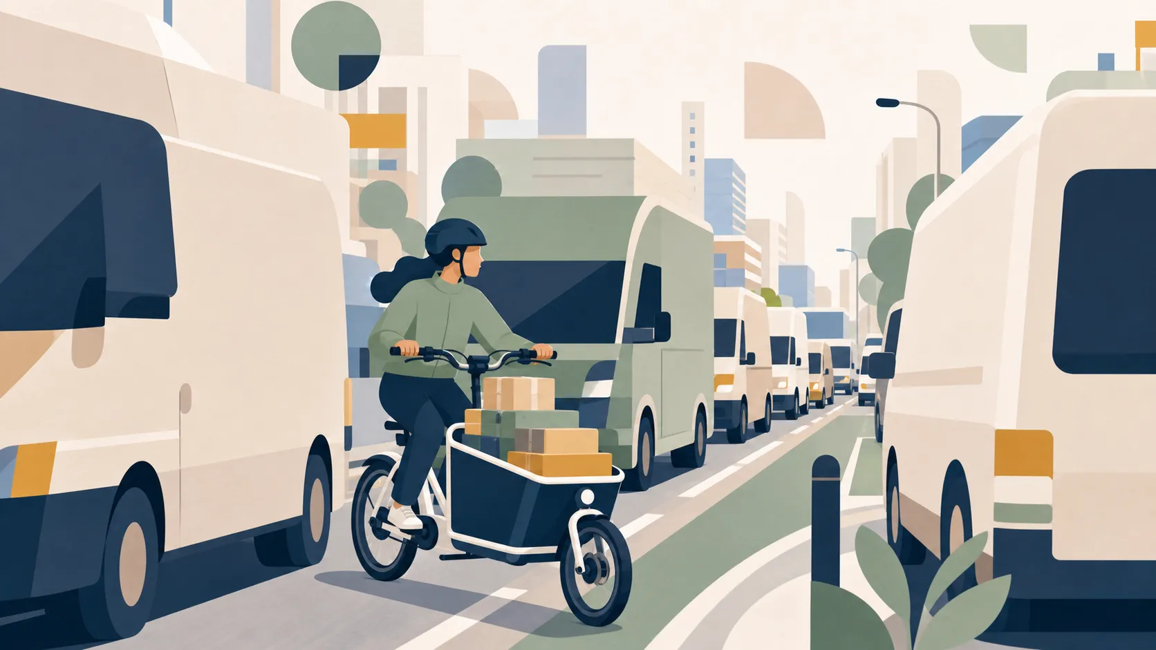 巨大な配送バンと対比されるように描かれた、都市を疾走するカーゴバイクの幾何学アート