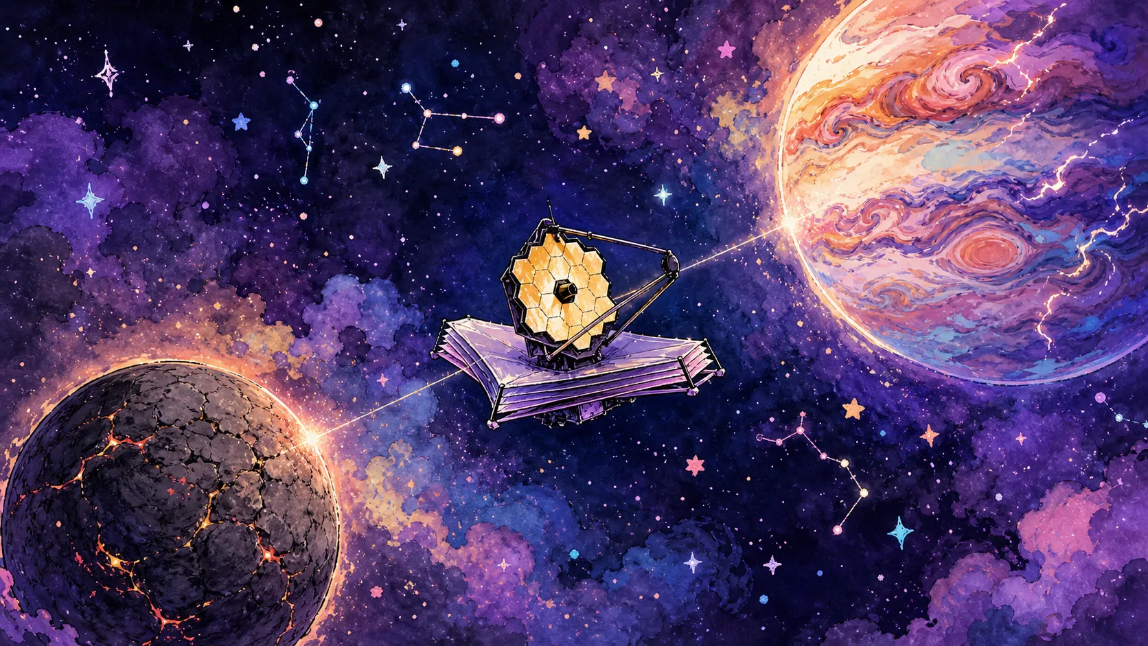 ひび割れた岩石惑星と渦巻くガス惑星のあいだに、JWSTがそっと浮かび、両方を観測している水彩風の宇宙イラスト。
