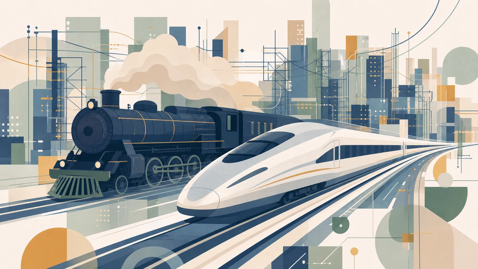 混沌とした都市を並走する新旧の特急列車