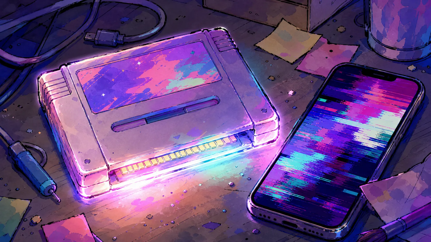 グリッチのかかったスマホと並置される不気味に発光するゲームカセット