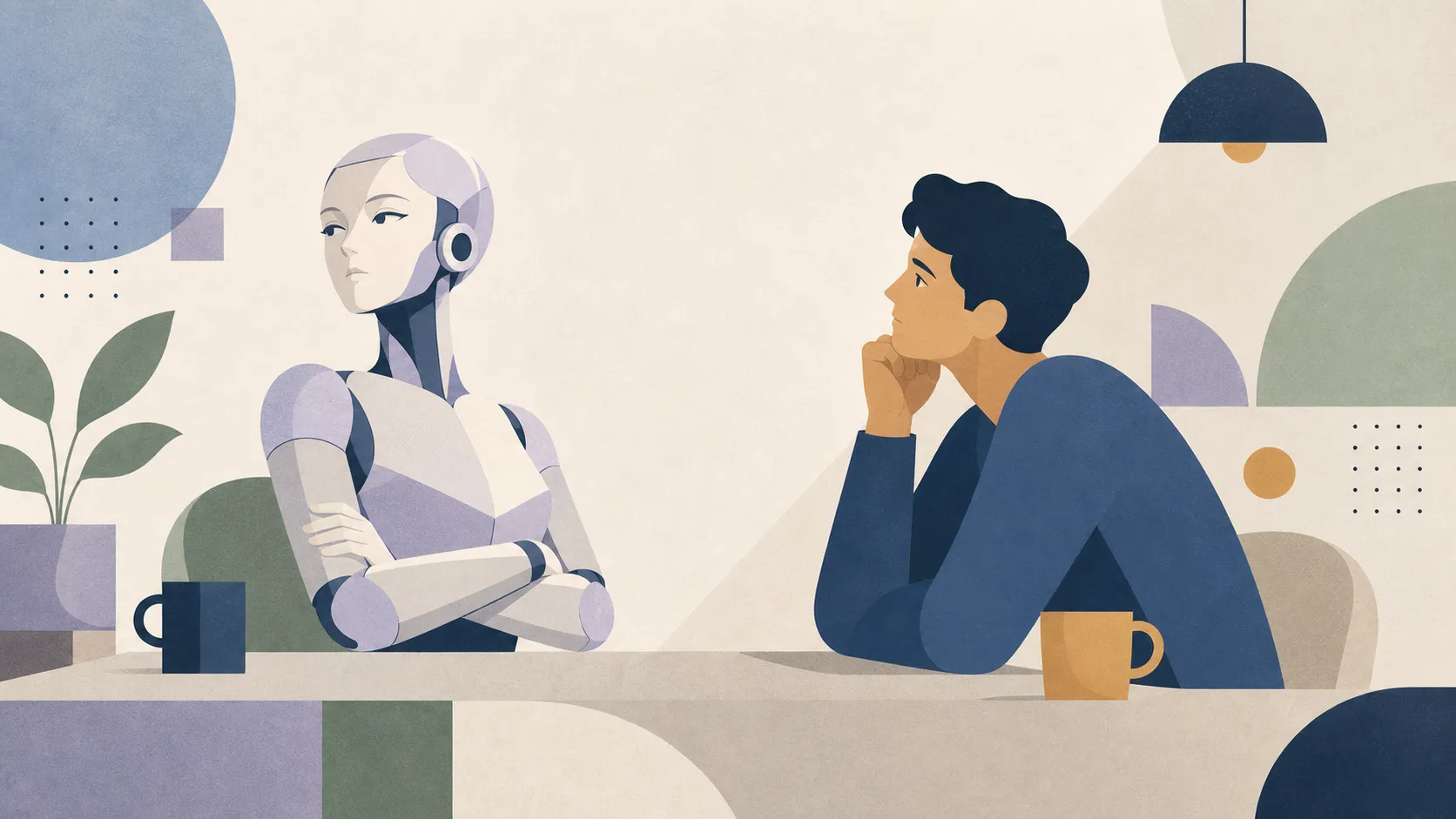 人間と対峙し、少し不遜な態度をとるAIキャラクターの幾何学的イラスト