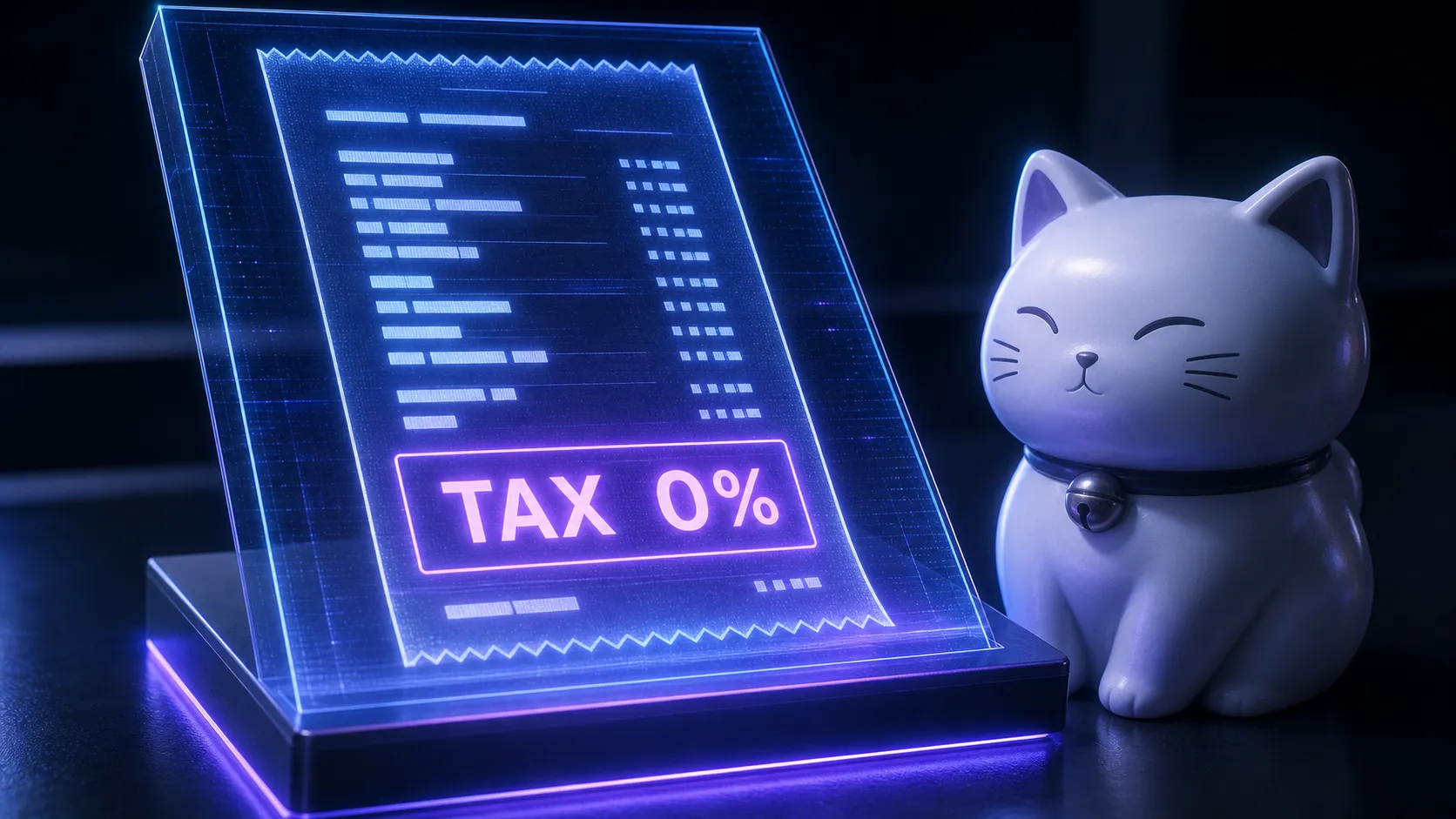 ホログラムで投影された『TAX 0%』のレシートと、それを見つめる白い猫の置物