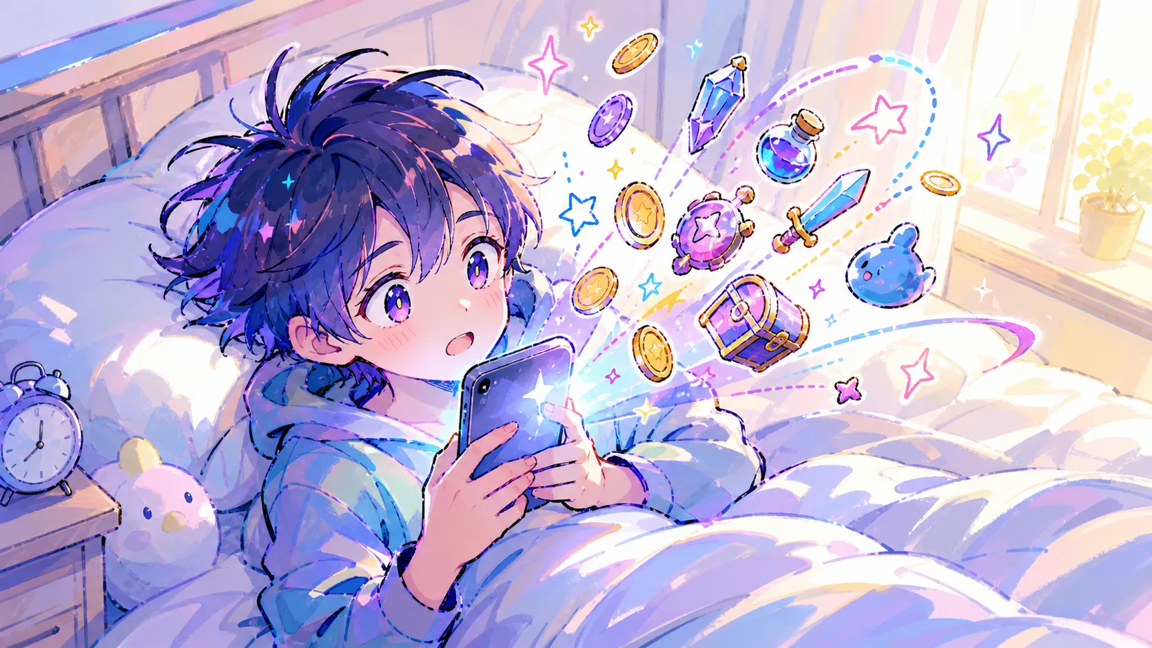 ベッドで目覚めてすぐにスマートフォンを手にし、ゲーム内アイテムが溢れ出す様子を描いた手描きのイラスト