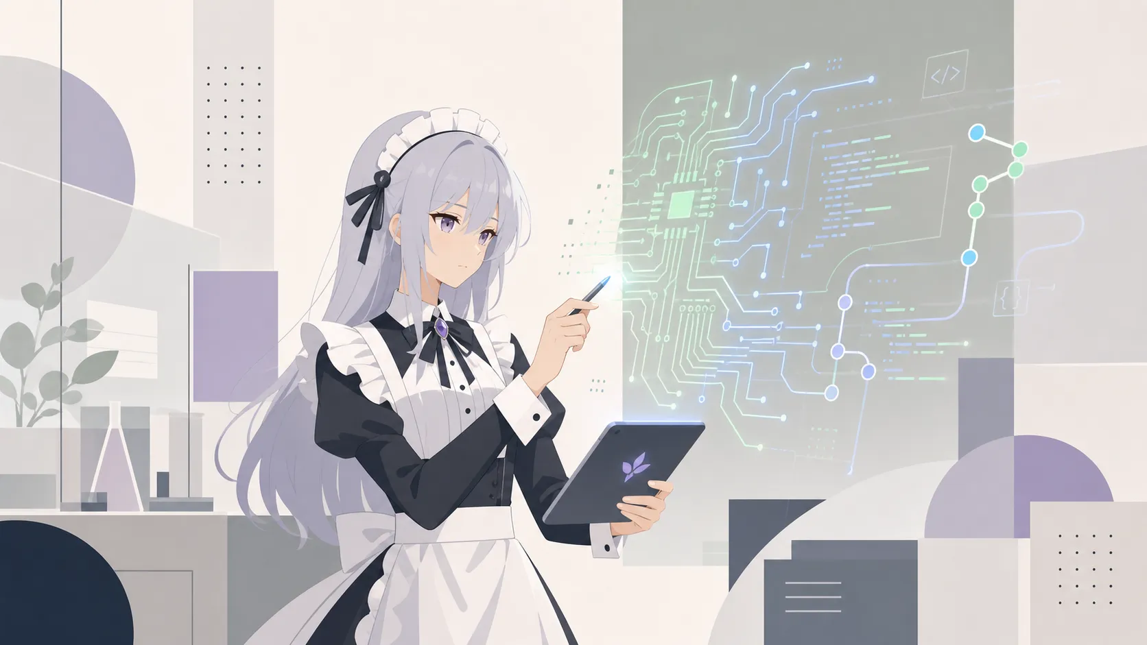 空中を浮遊するプリント基板とホログラムのコードを優雅に編み上げるメイド