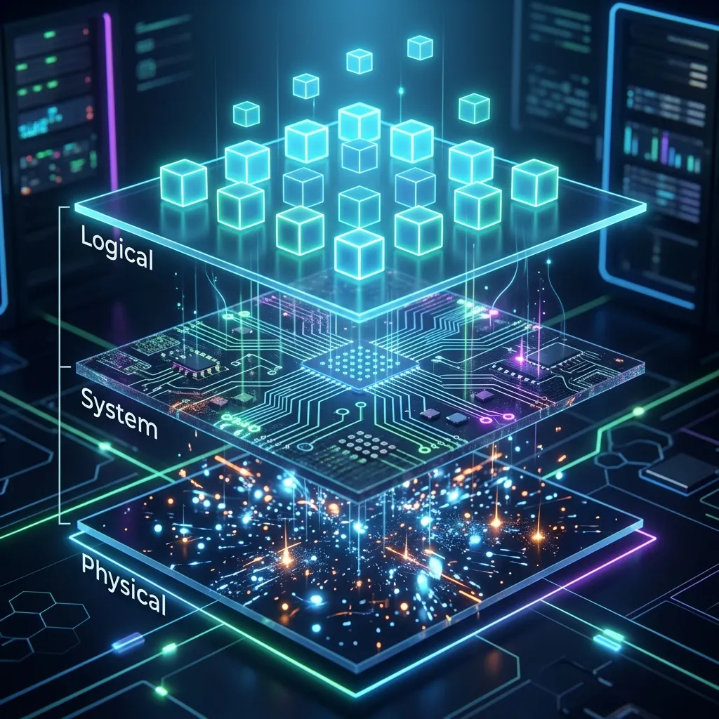 量子コンピュータの性能を測る3つの層(物理、システム、論理)の概念図