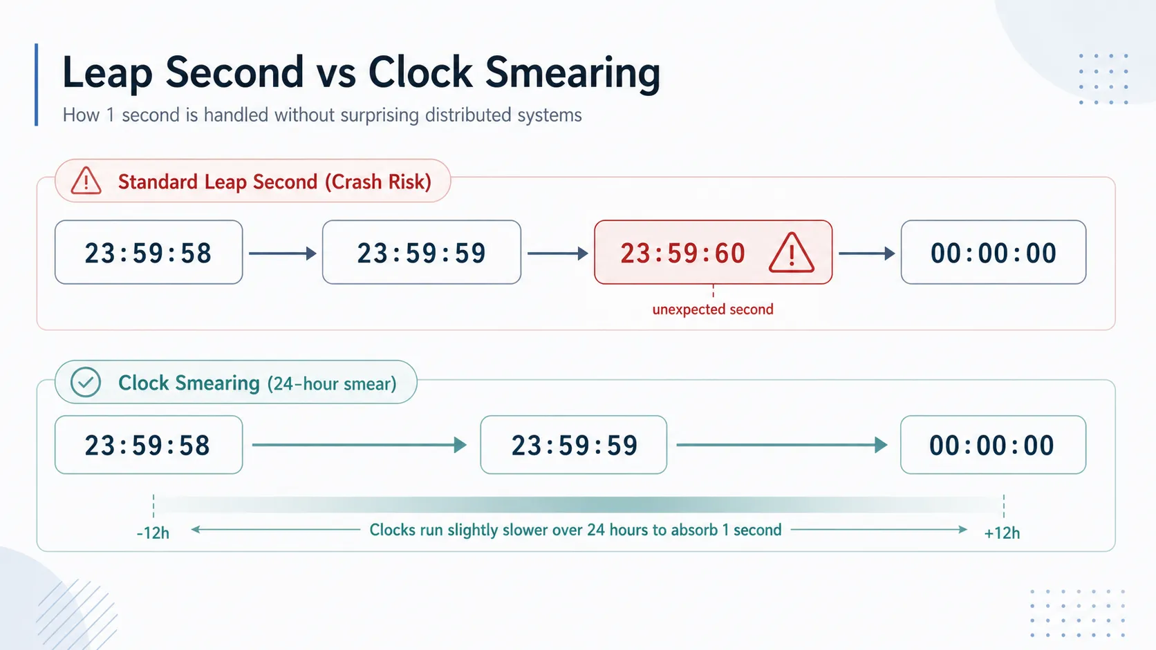通常挿入は23:59:60を露出しクラッシュのリスクがある一方、スメアリングは24時間かけて時計を遅らせることで1秒をシステムに気づかれず吸収する様子を示した対照図。